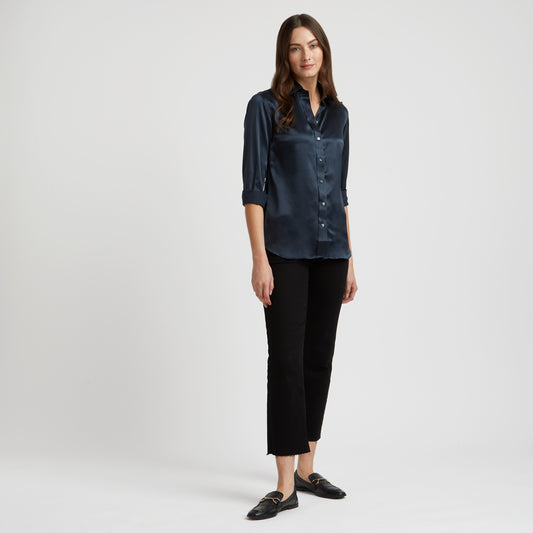 Buddette Silk Button Cuff Shirt in Indian Ink on model front