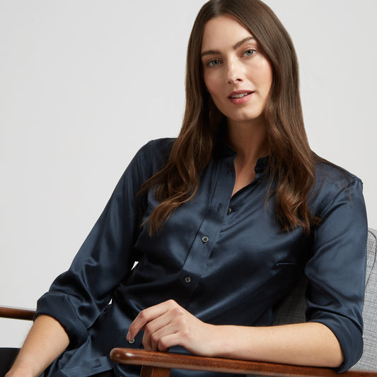 Buddette Silk Button Cuff Shirt in Indian Ink on model close up