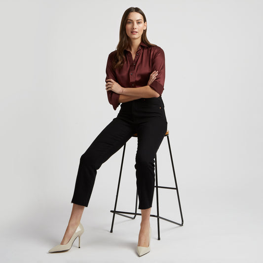 Buddette Silk Button Cuff Shirt in New Claret on model