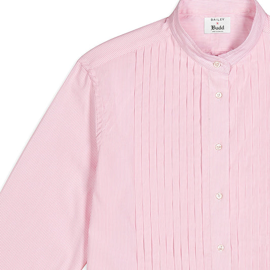 Frank Striped Cotton Pleated Shirt in Pink Front Collar