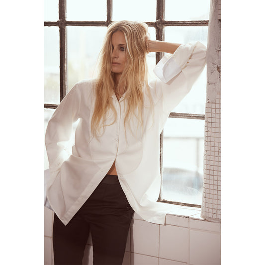 George Plain Silk Neck Band Dress Shirt in Cream