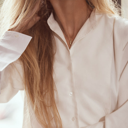 George Plain Silk Neck Band Dress Shirt in Cream front detail on Model