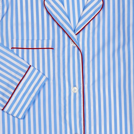 Tommy Striped Poplin Pyjamas in Blue and White Front Detail