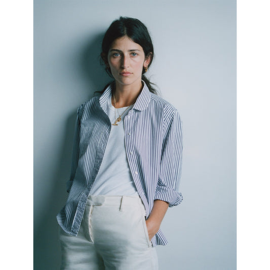 Model wearing Penny Long Sleeve Wide Stripe Cotton Blouse in Navy