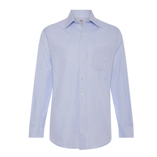 Classic Fit Grid Check Fine Twill Button Cuff Shirt in Sky Blue Open