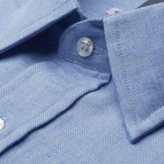 Tailored Fit Small Herringbone Cotton and Cashmere Button Cuff Shirt in Blue