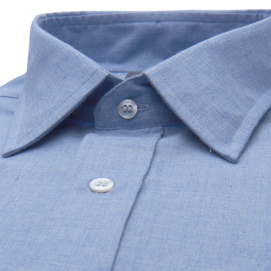 Tailored Fit Small Herringbone Cotton and Cashmere Button Cuff Shirt in Blue