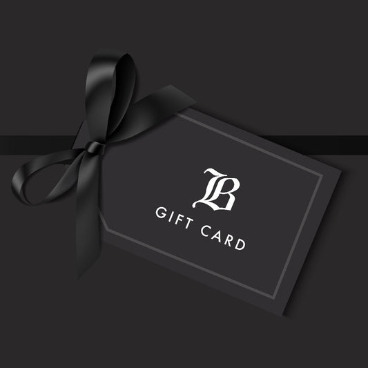 A black gift card with the brand mark 'B' in white, presented on a dark background with a black ribbon.