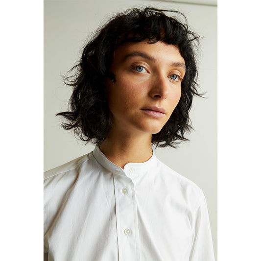 Grandad Pinpoint Button Cuff Shirt in White Campaign Shot