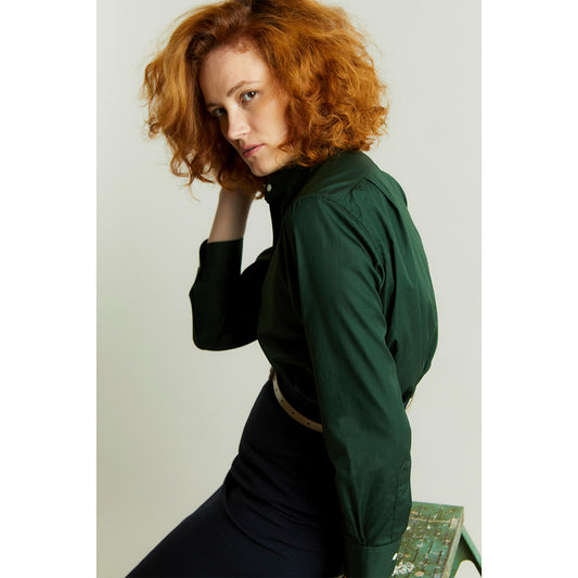 Grandad Superpoplin Button Cuff Shirt in Forest Green Campaign Shot