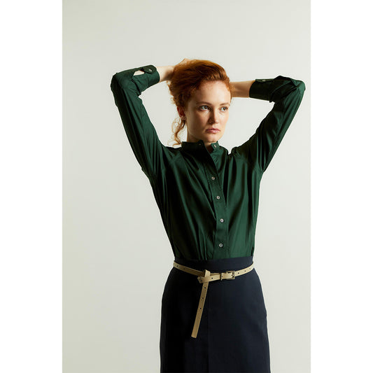 Grandad Superpoplin Button Cuff Shirt in Forest Green Campaign Shot