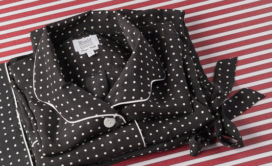 Women's black and white spot crepe de chine silk pyjamas 