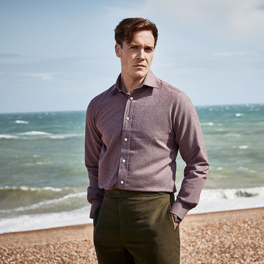 Model wearing Tailored Fit Micro Check Brushed Cotton Button Cuff Shirt in Red