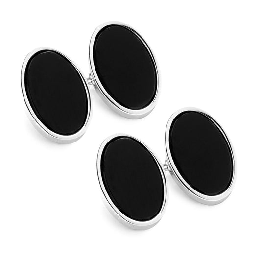Plain Onyx and Rhodium Chain Cufflinks in Black