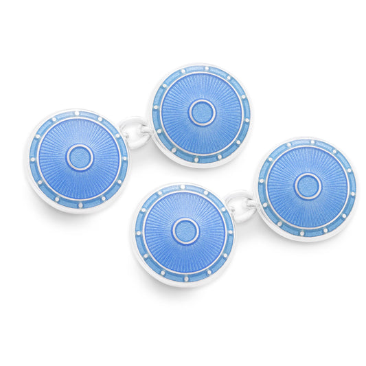 Sterling Silver Domed Enamel Chain Cufflinks in Light Blue