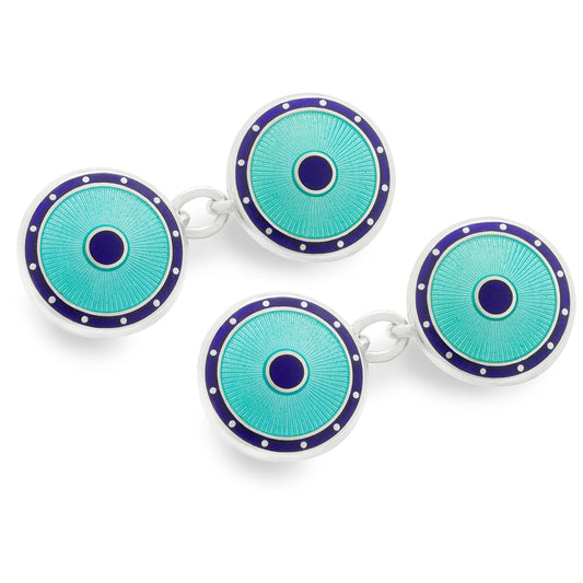 Sterling Silver Domed Enamel Chain Cufflinks in Green