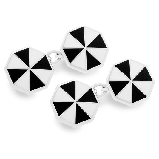 Pinwheel Silver Cloisonne Chain Cufflinks in Black and White
