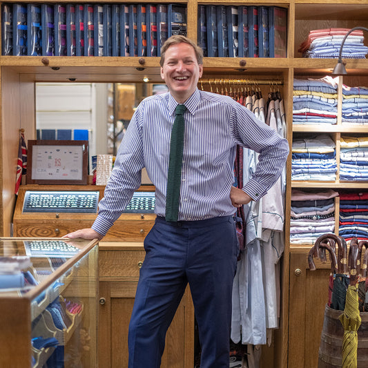 Budd Chairman Stephen Murphy wearing Classic Fit Exclusive Budd Stripe Double Cuff Shirt in Edwardian Blue