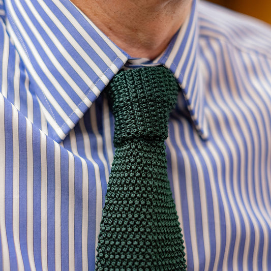 Classic Fit Exclusive Budd Stripe Double Cuff Shirt in Edwardian Blue worn with a green knitted silk tie