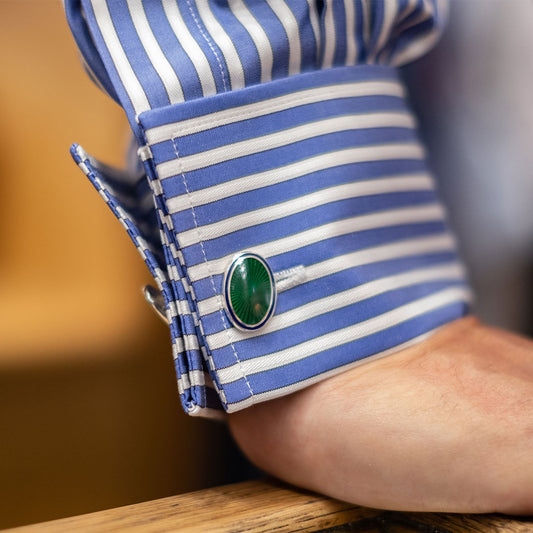 Cuff detail on Classic Fit Exclusive Budd Stripe Double Cuff Shirt in Edwardian Blue