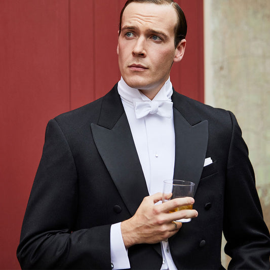 Model wearing Classic Fit Plain Stiff Bib Neckband Double Cuff Dress Shirt in White