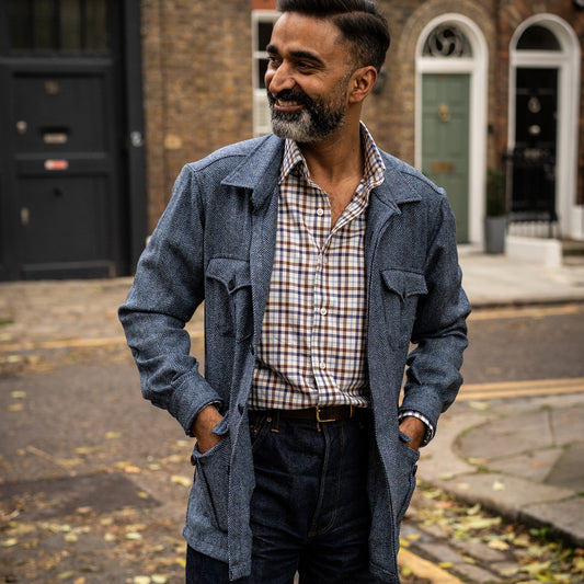 Herringbone Wool Button Cuff Safari Shirt in Blue on model