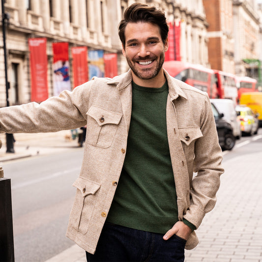 Herringbone Wool Button Cuff Safari Shirt in Natural on model