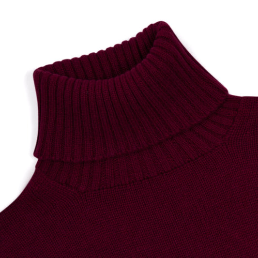 Plain Cashmere Roll Neck Jumper in Claret Collar Detail