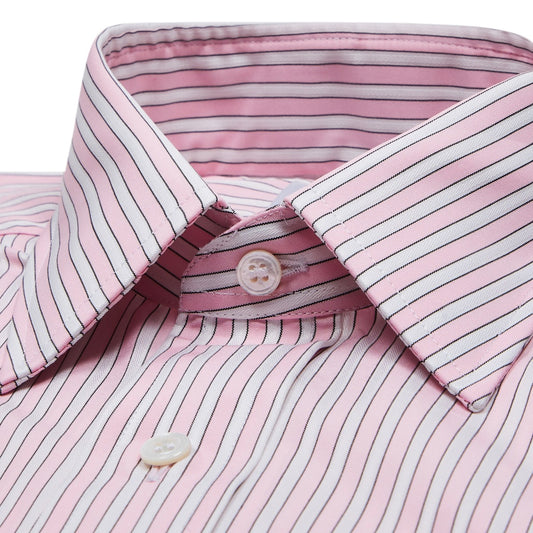 Collar detail on exclusive Budd stripe shirt in pale pink