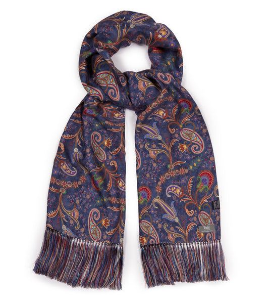 Silk Paisley Print Scarf in Navy