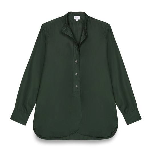 Grandad Superpoplin Button Cuff Shirt in Forest Green