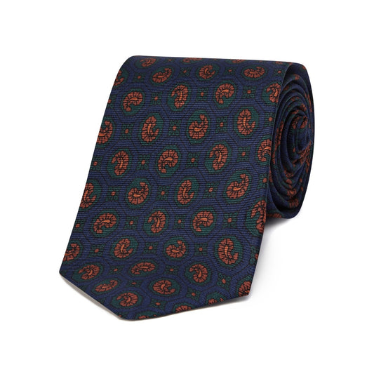 Madder Silk Leaf Emblem Tie in Navy