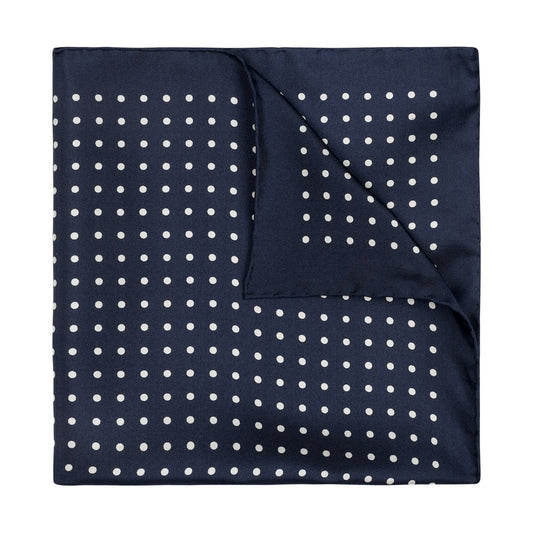 Medium Spot Silk Pocket Square in Navy and White