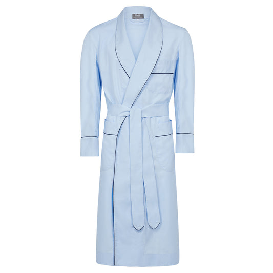 Plain Cotton Poplin Dressing Gown in Sky with Navy Trim