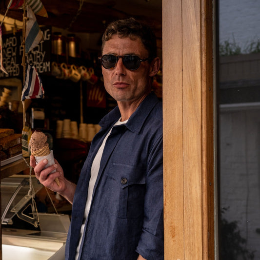 Plain Linen Button Cuff Safari Shirt in Navy