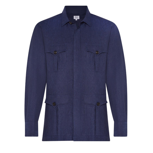 Plain Linen Button Cuff Safari Shirt in Navy