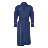 Navy poplin cotton dressing gown with white trim