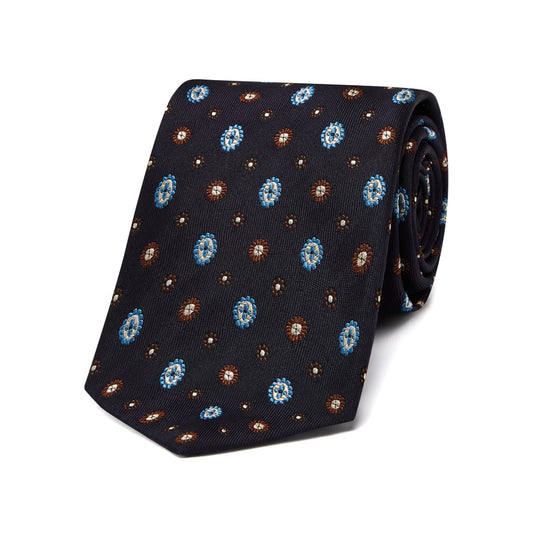 Shield Motif Woven Silk Tie in Navy
