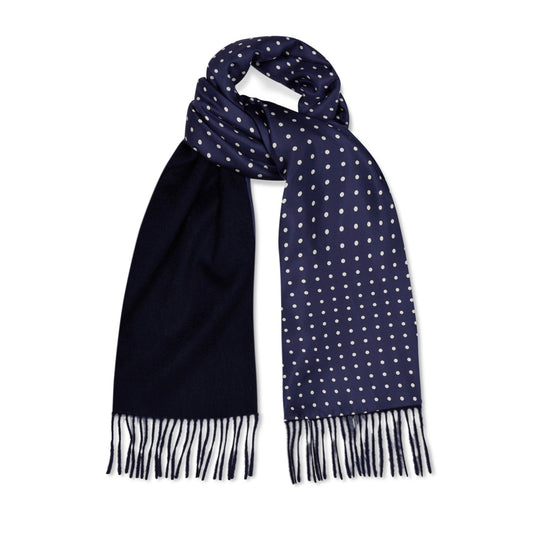 Silk Spot Scarf with Cashmere Backing in Navy