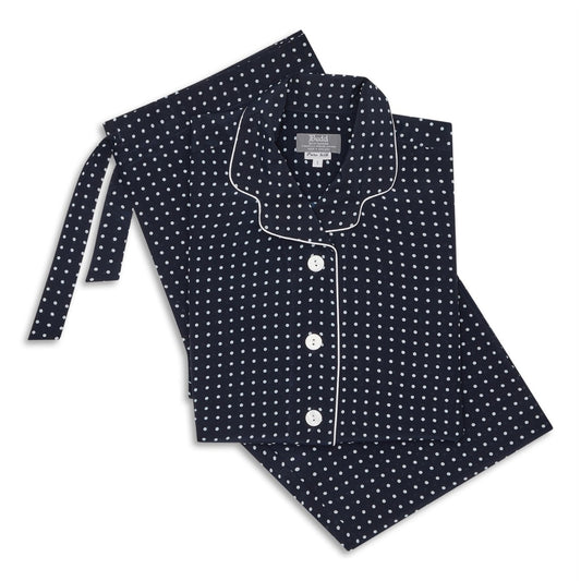 Polka Dot Silk Crepe de Chine Women's Pyjamas in Navy and White