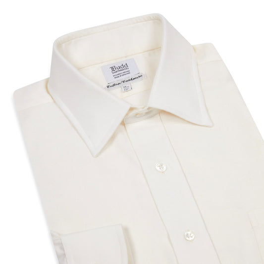 Classic Fit Plain Cotton and Cashmere Button Cuff Shirt in Cream