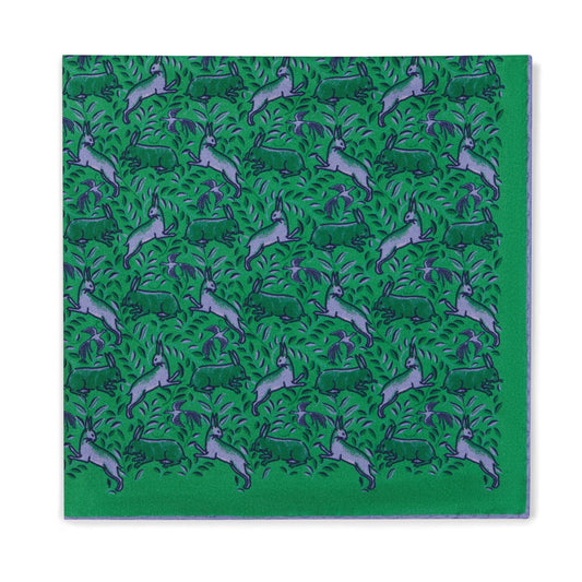 Rabbits Silk Pocket Square in Green and Lilac