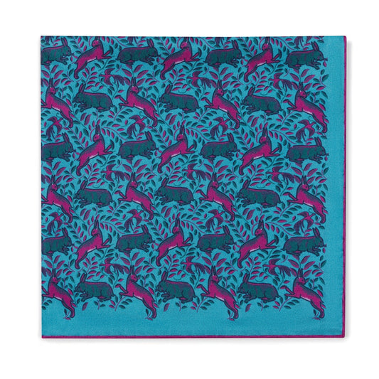 Rabbits Silk Pocket Square in Pink and Turquoise