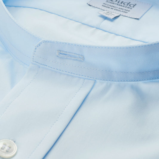 Collar detail on Neckband Poplin Shirt in Sky Blue