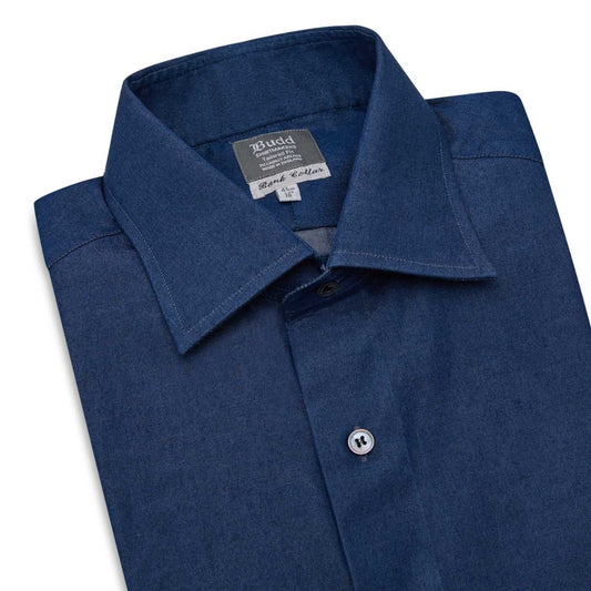 Tailored Fit Plain Denim Button Cuff Shirt in Dark Blue