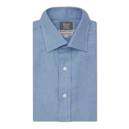 Tailored Fit Plain Brushed Cotton Button Cuff Shirt in Blue