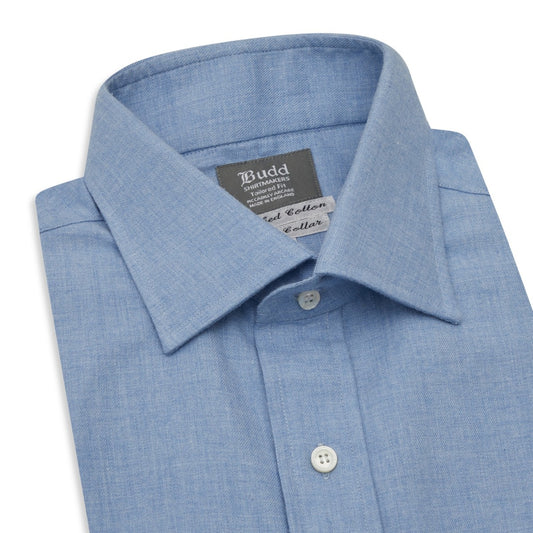 Tailored Fit Plain Brushed Cotton Button Cuff Shirt in Blue