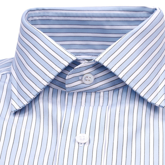 Collar detail on exclusive Budd stripe shirt in sky blue