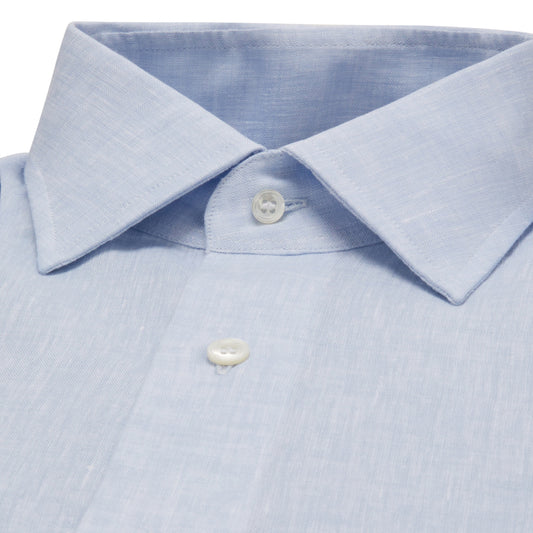 Tailored Fit Bank Collar Linen Button Cuff Shirt in Sky