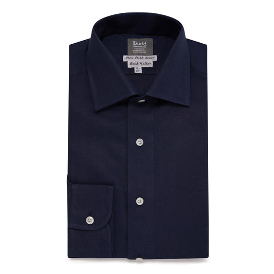 Tailored Fit Bank Collar Linen Button Cuff Shirt in Navy